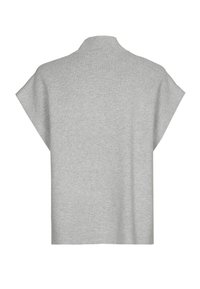 Gray pullover top with a high neckline and short, wide sleeves. Made of soft fabric with a smooth texture and minimal stitching details.