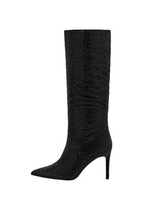 Botte noire montante à talon aiguilles avec un bout pointu et une surface texturée scintillante.