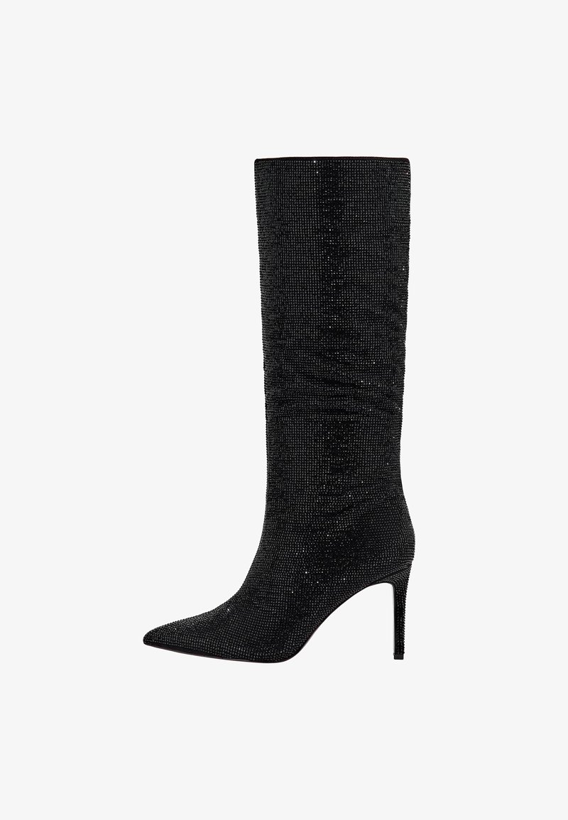 Botte noire montante à talon aiguilles avec un bout pointu et une surface texturée scintillante.