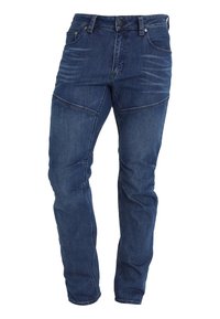 Mörkblå denimjeans med rak passform, blekta detaljer och strukturerade sömmar. Har fem fickor och knäppning med knapp.