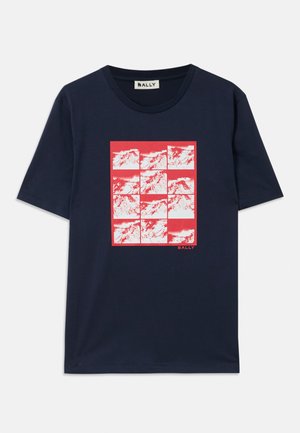 Navy cotton t-shirt featuring a red graphic design of mountain peaks arranged in a grid. Crew neckline, short sleeves, and "BALLY" branding.