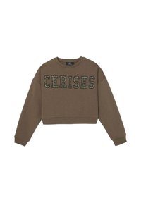 Sweatshirt court marron en tissu doux, avec le texte "CERISES" dans un motif camouflage sur le devant. Poignets et ourlet côtelés.