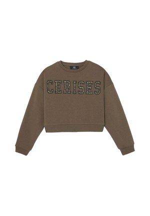 Brown cropped sweatshirt made of soft fabric, featuring the text "CERISES" in a camo-style pattern across the front. Ribbed cuffs and hem.