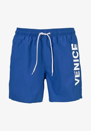 Blaue Badehosen mit weißem "VENICE"-Druck an der Seite, aus leichtem Material gefertigt, mit einem elastischen Bund und weißem Kordelzug.