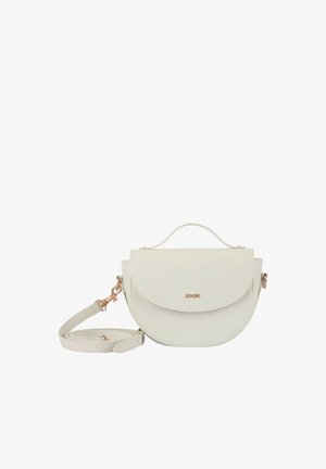 Bolso blanco semicircular con asa superior, correa de hombro desmontable y cierre dorado con el logo JOOP! en la solapa.