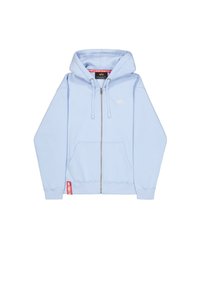 Világoskék, cipzáras kapucnis pulóver, puha anyagból készült, elöl cipzárral, két zsebével és egy kis logóval a mellrészen.