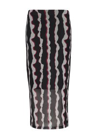 Jupe midi noire avec un motif ondulé à rayures blanches et rouges. Fabriquée en tissu transparent, elle présente une silhouette ajustée et un ourlet droit.