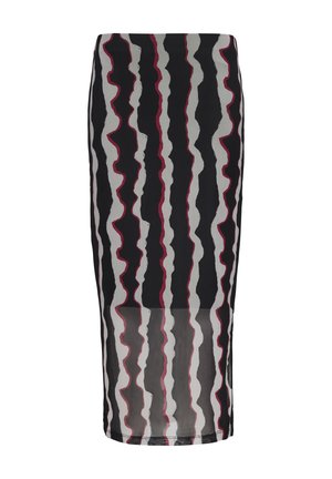 Schwarze Midiskirt mit wellenförmigem, schwarz-weiß-rotem Streifenmuster. Hergestellt aus einem durchsichtigen Stoff, mit einer figurbetonten Silhouette und geradem Saum.