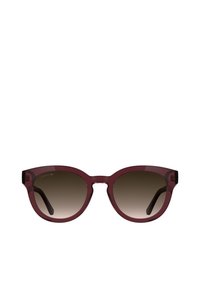 Bordo prevelike sončna očala s prozornim okvirjem, prelivnimi stekli in značilnimi okraski v obliki čipke na očesnih krakih.