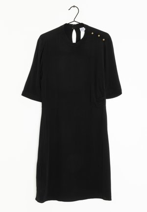 Black dress with a high round neckline and short sleeves, featuring a keyhole opening at the back and three gold-tone buttons on the shoulder.
