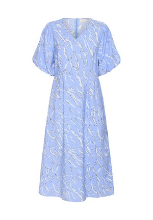 Blue dress with short puff sleeves; V-neckline; features a white and gold abstract pattern; knee-length; made from lightweight fabric.