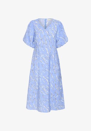 Blue dress with short puff sleeves; V-neckline; features a white and gold abstract pattern; knee-length; made from lightweight fabric.