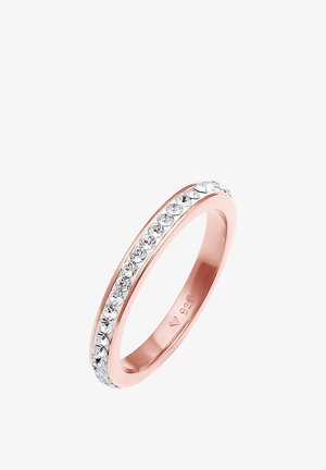 Ring aus Roségold mit einer geraden Reihe klarer Edelsteine, die mittig gesetzt sind. Glatte Oberfläche mit glänzenden Akzenten und einer Breite von etwa 2 mm.