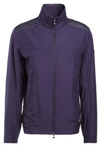 Lila lättviktsjacka med hög krage, dragkedja, elastiska manschetter och meshinslag på axlarna för ventilation.