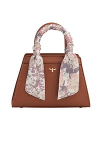 Brown leather handbag with a structured shape, featuring a floral-patterned scarf tied around the handle and a gold logo accent.