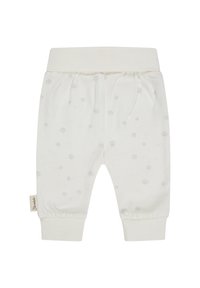 White baby pants with elastic waistband and cuffs, featuring a subtle gray paw print pattern and a small fabric brand tag on the left side.
