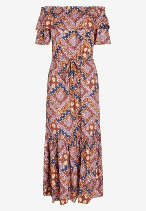 Sukienka maxi odsłaniająca ramiona z falbankowym dekoltem, krótkimi rękawami, wiązaniem w talii oraz misternym geometryczno-kwiatowym wzorem w kolorach rdzy, granatu, różu i kremu.