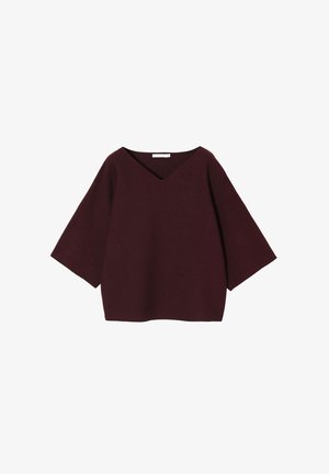 Burgunderfarbener V-Ausschnitt-Pullover mit weiten Ärmeln, aus weichem Material gefertigt. Kastenförmige Schnittform mit glatter Textur, ohne Muster oder Verzierungen.