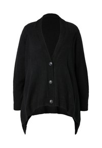 Černý cardigan s véčkovým výstřihem, dlouhými rukávy, žebrovanými okraji a pěti knoflíky vpředu; má zaoblený spodní lem s obloukem vzadu.