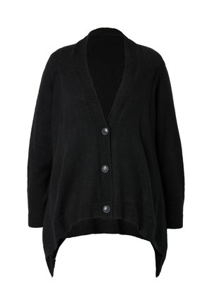 Cardigan noir avec un col en V, des manches longues, une finition côtelée et cinq boutons sur le devant ; il présente un ourlet arrondi avec une chute à l'arrière.