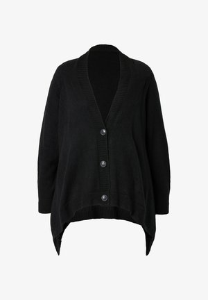 Cardigan nero con scollo a V, maniche lunghe, finitura a coste e cinque bottoni sul davanti; presenta un orlo arrotondato con un retro più lungo.