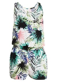 Bez rukávů, overal s elastickým pasem, zdobený tropickým listovým vzorem v zelené, černé, modré a růžové barvě na bílém pozadí.