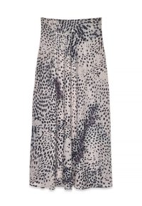 Maksimalus sijonas iš minkštos medžiagos, puikuojantis taškuota raštą smėlio, pilkos ir juodos spalvose. Plepiančio dizaino su aukšta juosmens dalimi.