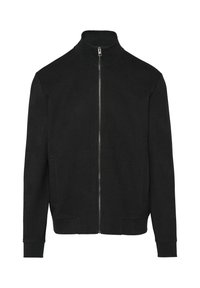 Schwarze Zip-Jacke mit hochgeschlossenem Kragen, strukturiertem Strickmuster, Rippbündchen und -saum. Hergestellt aus einem weichen Stoff.