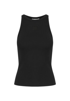 Schwarzes ärmelloses, geripptes Tanktop mit rundem Ausschnitt. Mit einem dezenten, eingeprägten Logo auf der Vorderseite. Glatte Textur, figurbetontes Design.