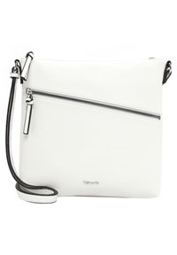 Bolso cruzado de cuero blanco con bolsillo frontal con cremallera, correa ajustable y detalles de hardware en tono plata. Textura suave y diseño minimalista.