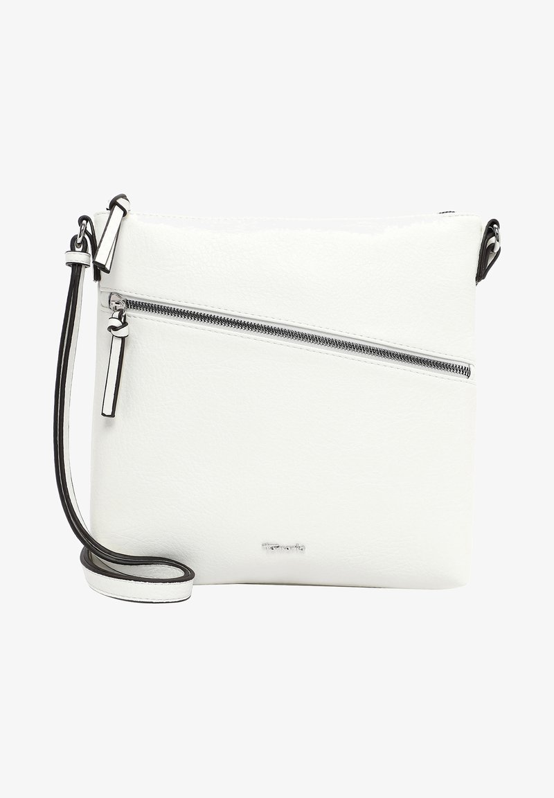 White leather crossbody bag with zippered front pocket, adjustable strap, and silver-tone hardware detailing. Smooth texture and minimalist design.