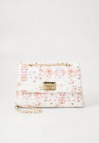 Valge ja pastelltoonides lillemustriga käekott, pehme tikanditega, kuldsete metalldetailide ja kett-õlapaelaga. Esiküljel magnetiline klapp.