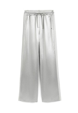 Pantalon gris clair à jambes larges avec taille élastique, cordon de serrage et poches latérales, présenté à plat sur un fond blanc.