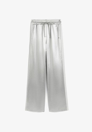 Pantalon gris clair à jambes larges avec taille élastique, cordon de serrage et poches latérales, présenté à plat sur un fond blanc.