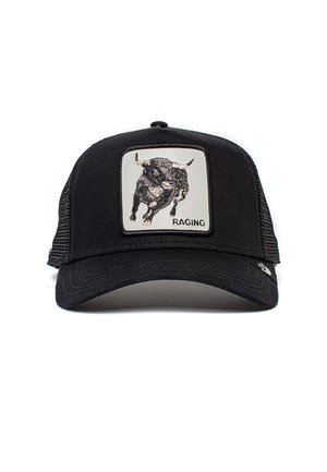 Sort baseballcap med netbag, prydet med en bulle grafik på en firkantet lap og ordet "RAGING" nederst. Struktureret stof.