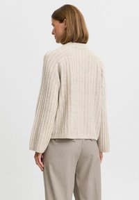 Beige ribbattu neule korkean kaula-aukon, rento malli ja pehmeä tekstuuri. Takana on lyhennetty pituus ja pudotetut hartiat.