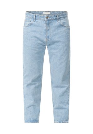 Helle blaue Jeans im geraden Schnitt, mit Fünf-Taschen-Design und Knopfverschluss. Weiche Textur mit subtilen Verblassungen.