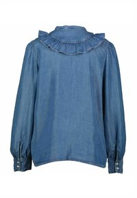 Blusa in denim con colletto arricciato, maniche lunghe e polsini con bottoni. Di colore blu chiaro con una consistenza morbida e un orlo curvo.