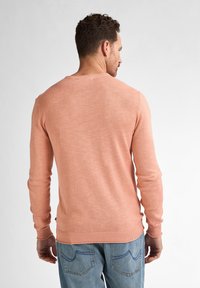 Pullover-Sweatshirt in hellem Korallenrot, gerippte Textur, lange Ärmel, Rundhalsausschnitt, eng anliegende Bündchen und Saum, kombiniert mit blauen Jeans.