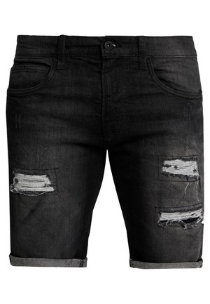 Short en denim noir avec bords roulés et zones usées sur l'avant des cuisses, avec poches avant et fermeture à bouton.