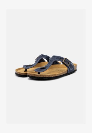 Blue fabric sandals with a cork footbed, featuring a toe strap and adjustable buckle. Textured surface and subtle branding on footbed.