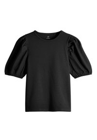 Blouse noire à manches courtes bouffantes avec encolure ronde, en tissu lisse, présentée sur fond blanc.