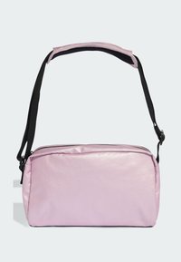Pink rectangular shoulder bag made of smooth material, featuring a black adjustable strap and a top zipper closure. Simple and functional design.