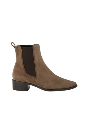 Brauner Wildleder-Stiefel mit elastischen schwarzen Seitenteilen und einer kleinen Schlaufe am Fersenbereich. Verfügt über einen niedrigen Blockabsatz und eine spitze Zehenpartie.