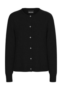 Cardigan noir en tissu tricoté doux, doté d'un col rond, de boutons sur le devant, et de poignets et ourlet côtelés.