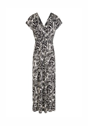 Musta-valkoinen trooppisten lehtien painokuvioinen haalarinpuku, jossa V-kaula-aukko, lyhyet hihat, kerrostettu vyötärö ja leveälahkeiset housut valkoisella taustalla.