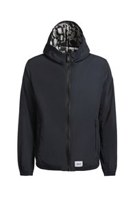 Marineblaue Windbreaker-Jacke mit Reißverschluss, Kordelzugkapuze und gemusterter grauer Innenauskleidung. Mit elastischen Bündchen und einem Logolabel am Saum.