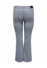 Jeans grises acampanados con cintura de altura media, diseño de cinco bolsillos y detalles de costura sutiles en los bolsillos traseros.