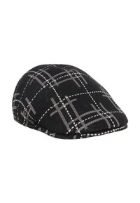 Cappello nero con motivo a quadri caratterizzato da linee grigie. Realizzato in tessuto strutturato con forma arrotondata e una visiera cucita.