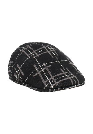Cappello nero con motivo a quadri caratterizzato da linee grigie. Realizzato in tessuto strutturato con forma arrotondata e una visiera cucita.
